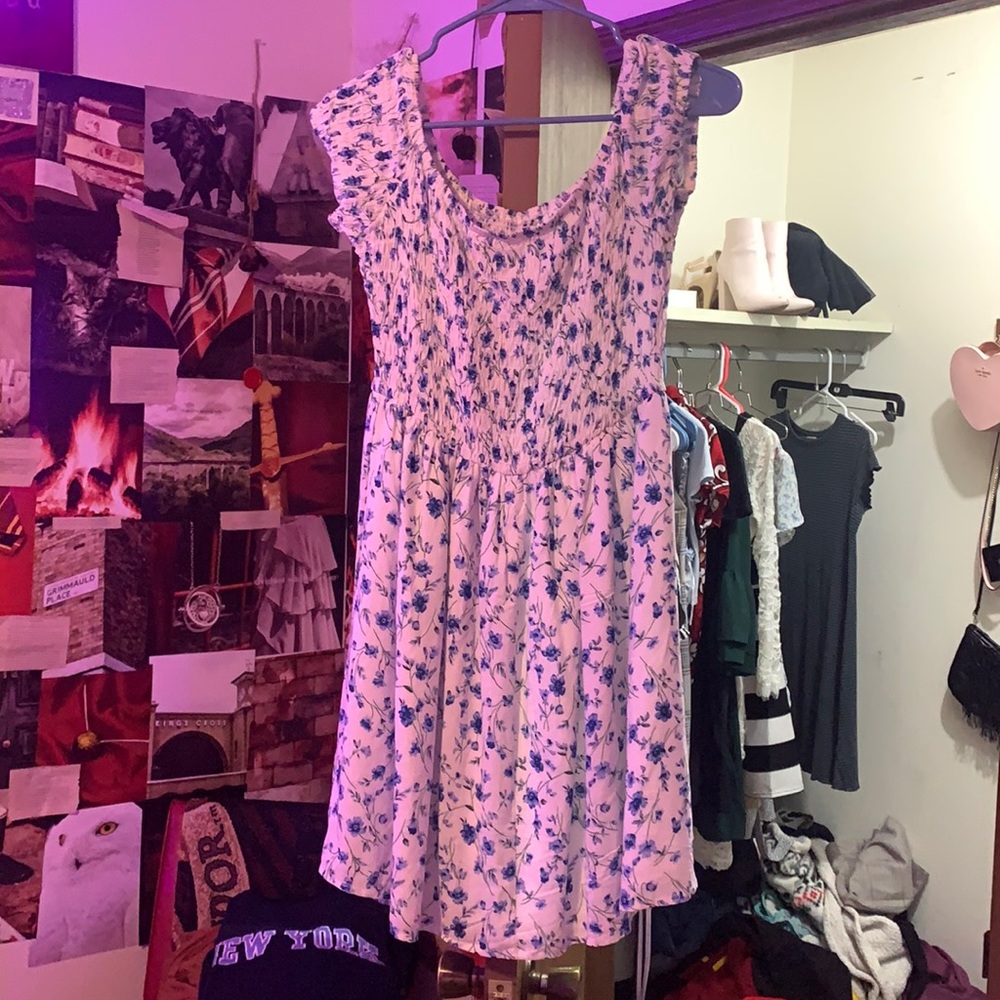 White off the shoulder sundress with blue flowers